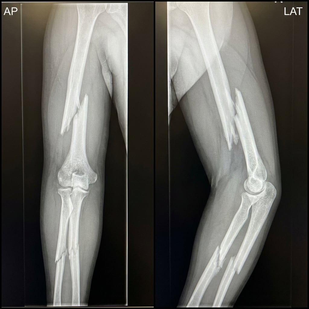 AP and lateral radiographs demonstrating displaced midshaft humerus fracture with spiral pattern and displaced both-bone forearm fracture in the same limb. The elbow joint appears concentrically reduced but without bony continuity to either shoulder or wrist. This is a floating elbow injury - a high-energy pattern with significant complication risk.