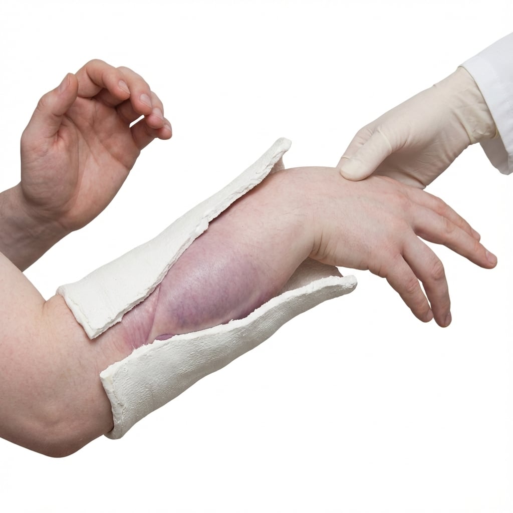 Clinical photograph demonstrating tense, swollen forearm with pain on passive finger extension. The patient has a reduced distal radius fracture in a cast. Cast has been bivalved revealing tense compartments. Radiograph shows acceptable fracture reduction. This represents acute compartment syndrome requiring emergency fasciotomy.