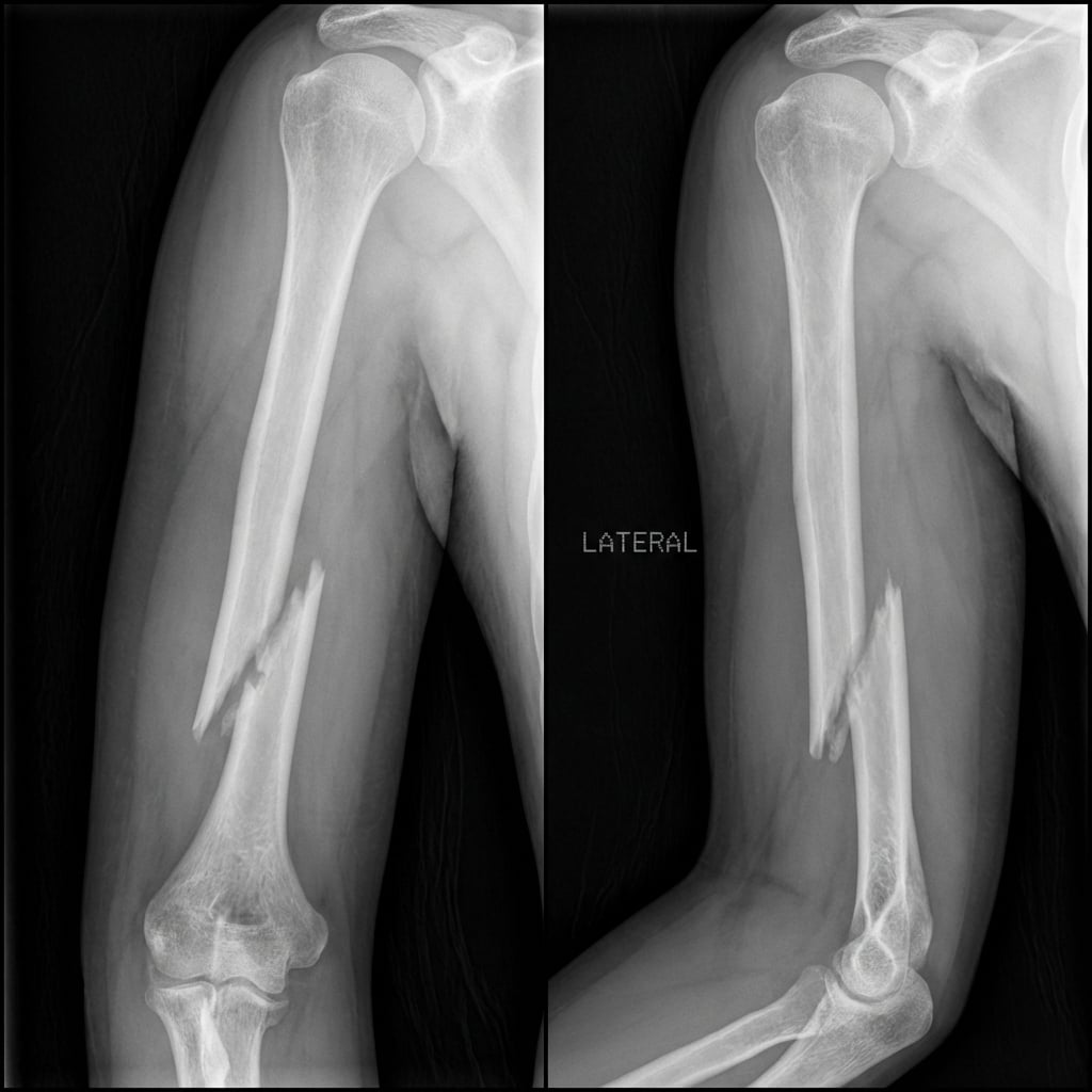 AP and lateral radiographs demonstrating spiral fracture of the distal third humeral shaft (Holstein-Lewis pattern) with shortening and angulation. The radial nerve crosses the posterior humerus at the junction of middle and distal thirds where it is vulnerable to injury.