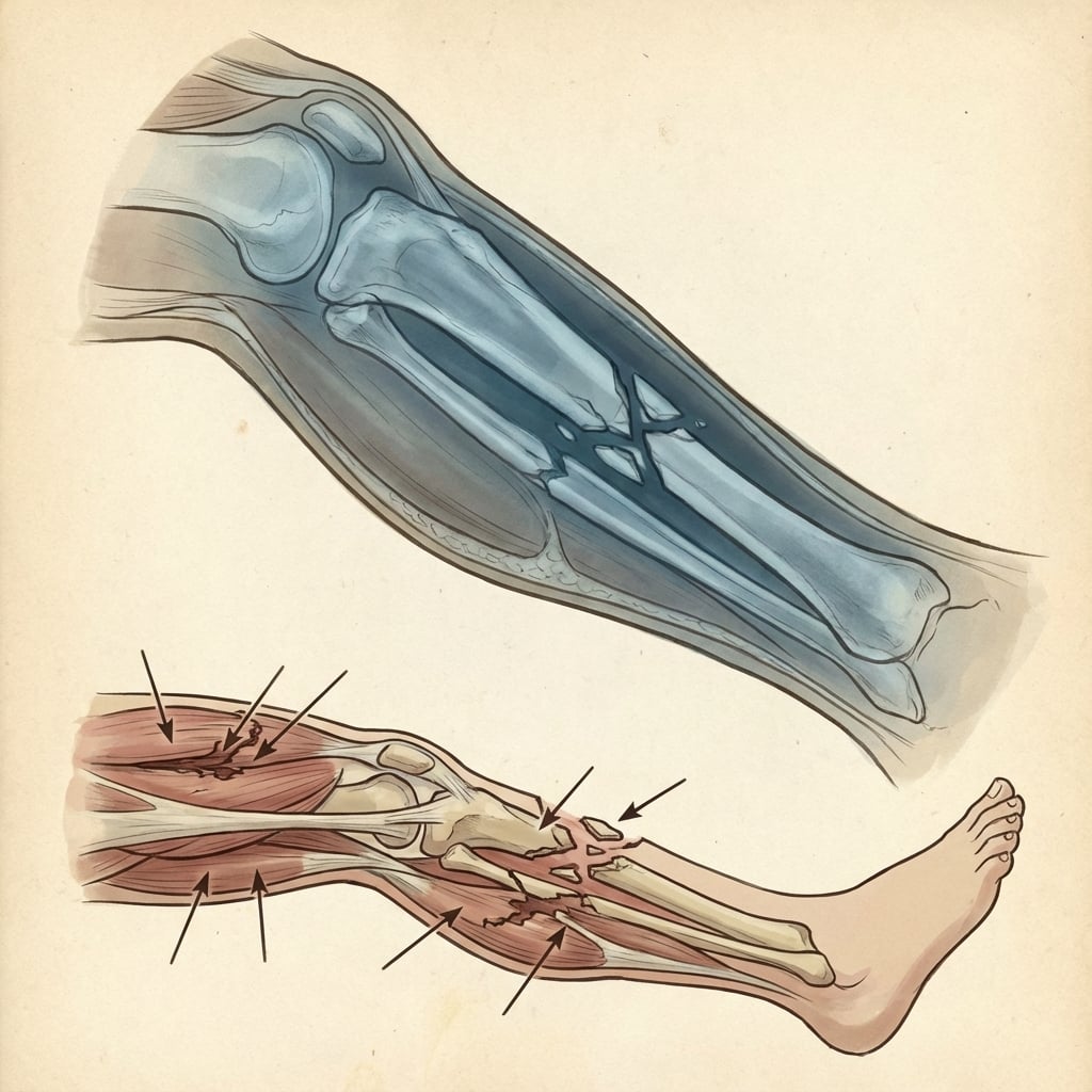 Clinical photographs demonstrating severe lower limb injury with extensive soft tissue destruction, exposed bone and muscle, contamination from farm machinery. AP and lateral radiographs showing comminuted tibial shaft fracture with significant bone loss. Clinical signs of vascular compromise with absent distal pulses. This represents a limb-threatening injury requiring multidisciplinary assessment.