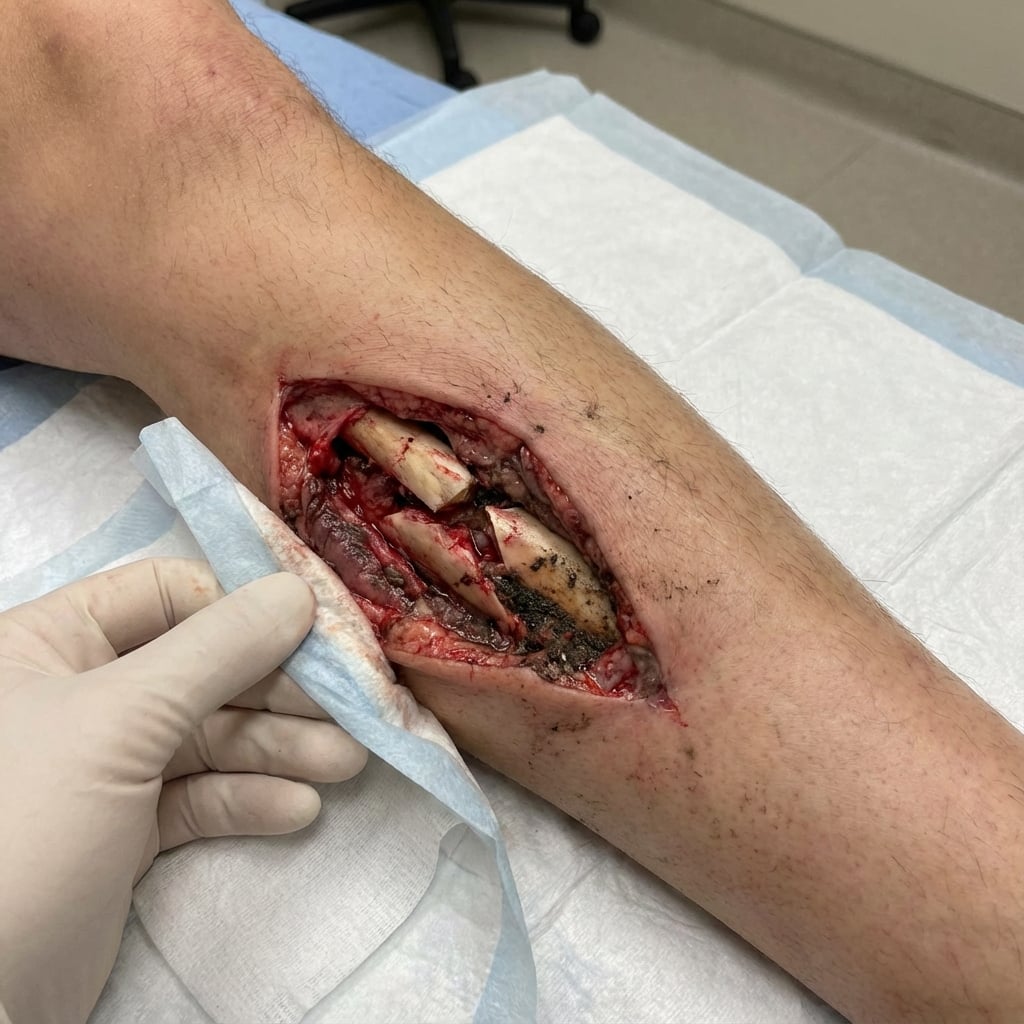 Clinical photograph showing open tibial shaft fracture with 8cm wound over the anterolateral leg, exposed comminuted bone fragments, and moderate soft tissue contamination. High-energy mechanism from motorcycle accident.
