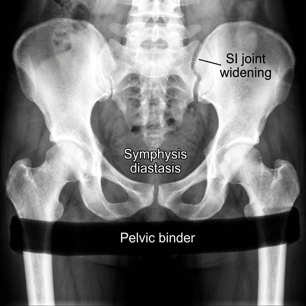 AP pelvis radiograph showing APC-III (open book) injury with symphysis pubis diastasis >2.5cm and widening of the left sacroiliac joint. The hemipelvis is externally rotated indicating complete posterior ring disruption. Pelvic binder in situ.