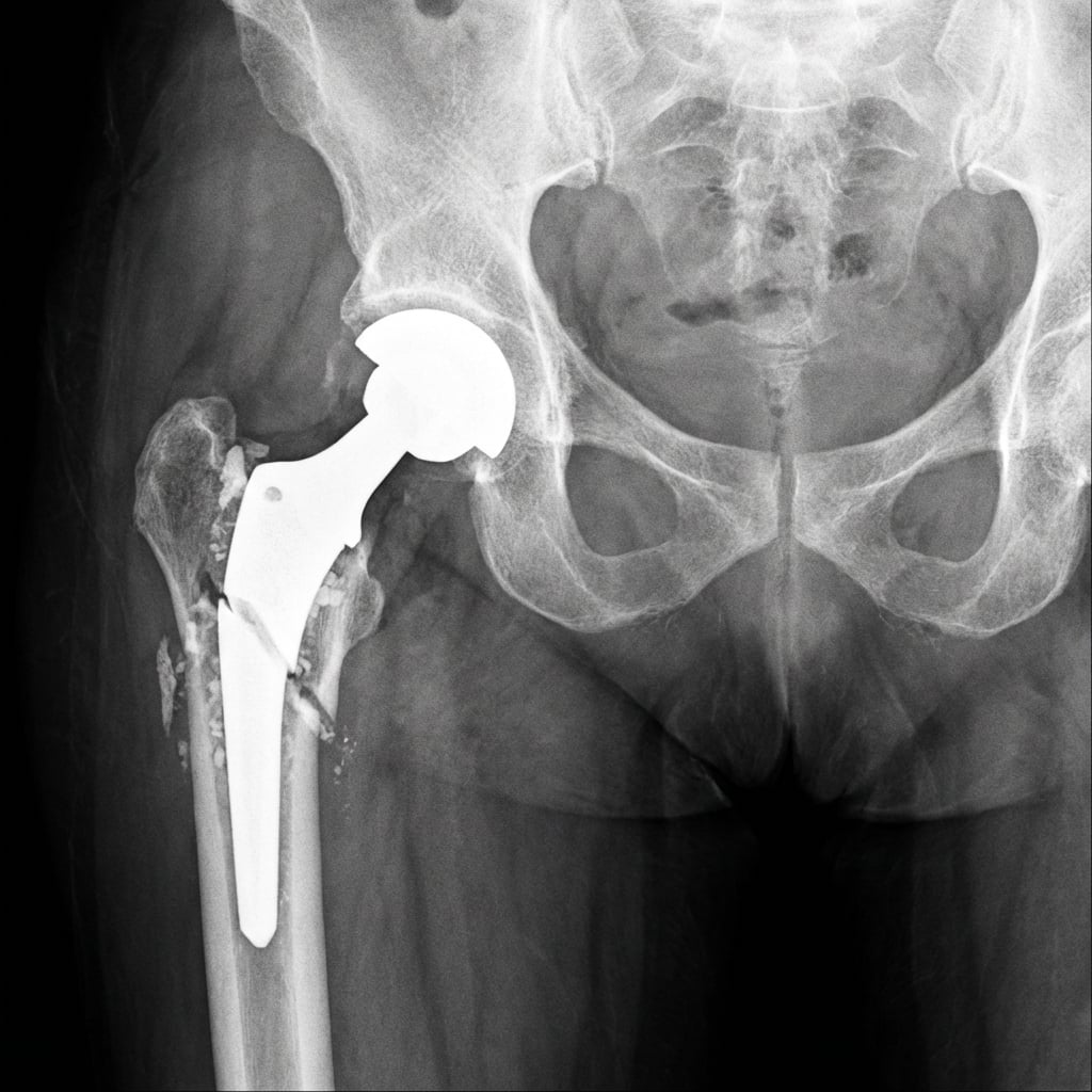 AP pelvis radiograph demonstrating periprosthetic femur fracture around a cemented total hip arthroplasty. The fracture is at the level of the stem tip with oblique pattern extending proximally. Evidence of cement mantle fracture and possible stem subsidence. The patient had pre-injury pain suggesting loosening. This is a Vancouver B2 pattern requiring revision arthroplasty.