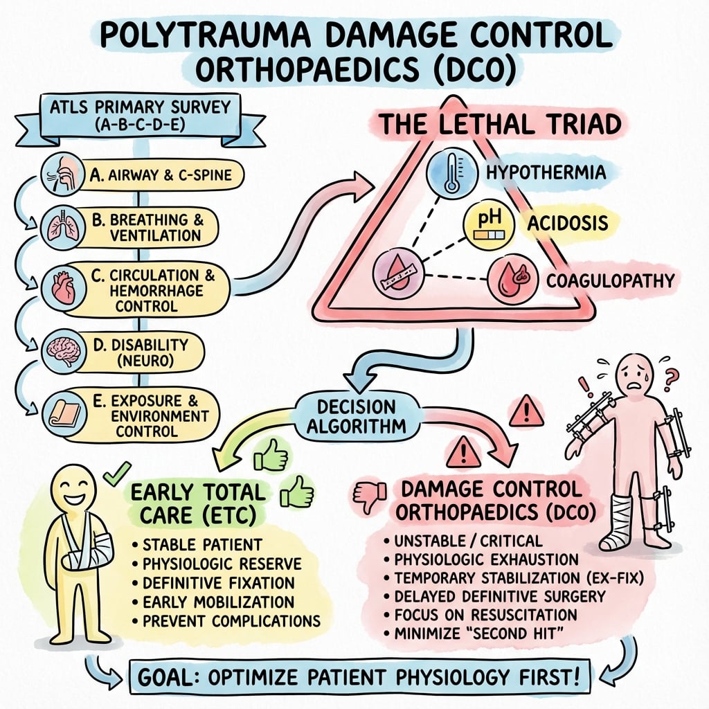 Diagram showing ATLS primary survey approach (A-B-C-D-E) with decision algorithm for Damage Control Orthopaedics versus Early Total Care based on physiological parameters (lethal triad: hypothermia, acidosis, coagulopathy).
