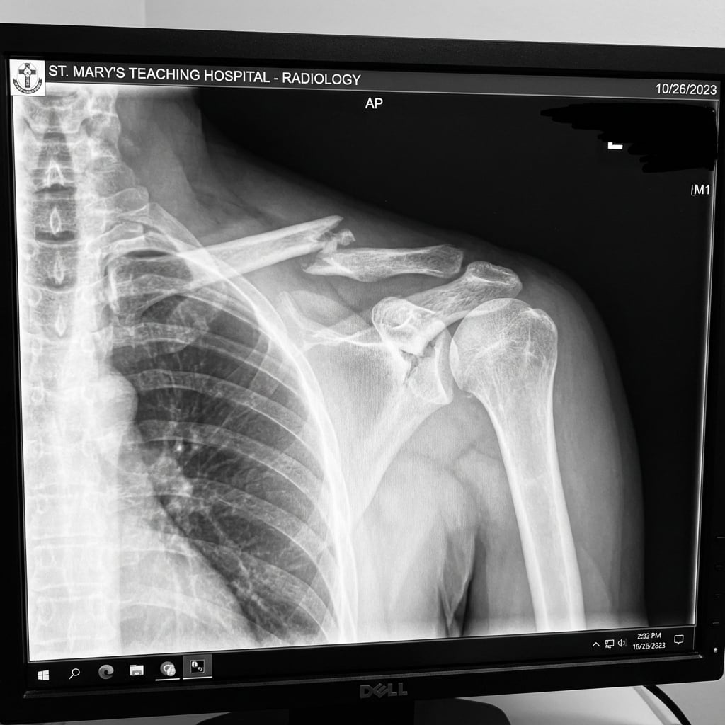AP and Y-view scapular radiographs showing displaced scapular body and neck fracture with medialization of the glenoid. Associated clavicle fracture visible creating a floating shoulder pattern.
