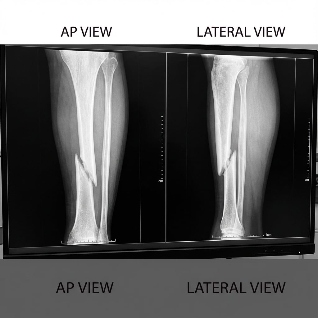 AP and lateral radiographs demonstrating displaced spiral fracture of the tibial shaft at the junction of middle and distal thirds with intact fibula. Approximately 1cm shortening with minimal angulation. The spiral pattern suggests a rotational mechanism with relatively low energy.