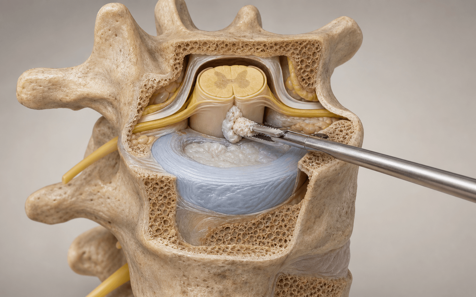 Thoracic discectomy decompressing the cord