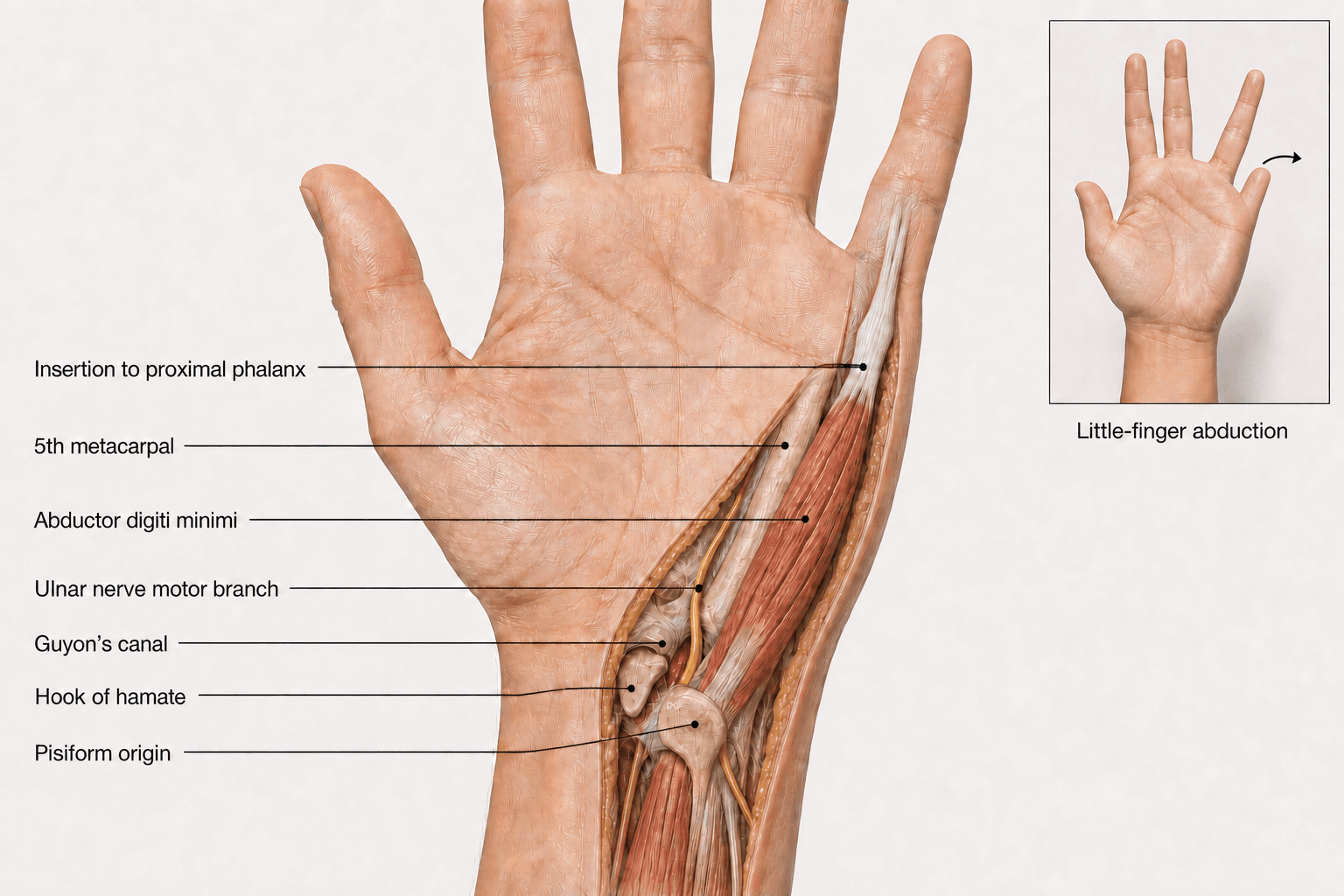 Labelled dissection illustration of the abductor digiti minimi and a little-finger abduction demonstration panel