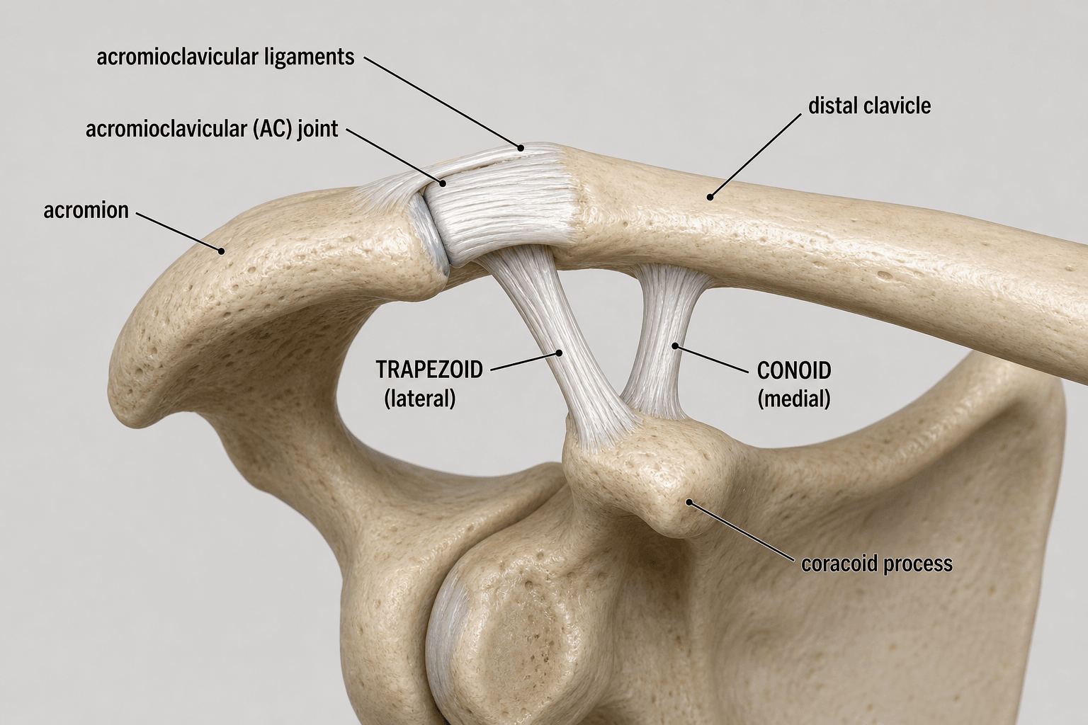 Labelled diagram of acromioclavicular joint anatomy.