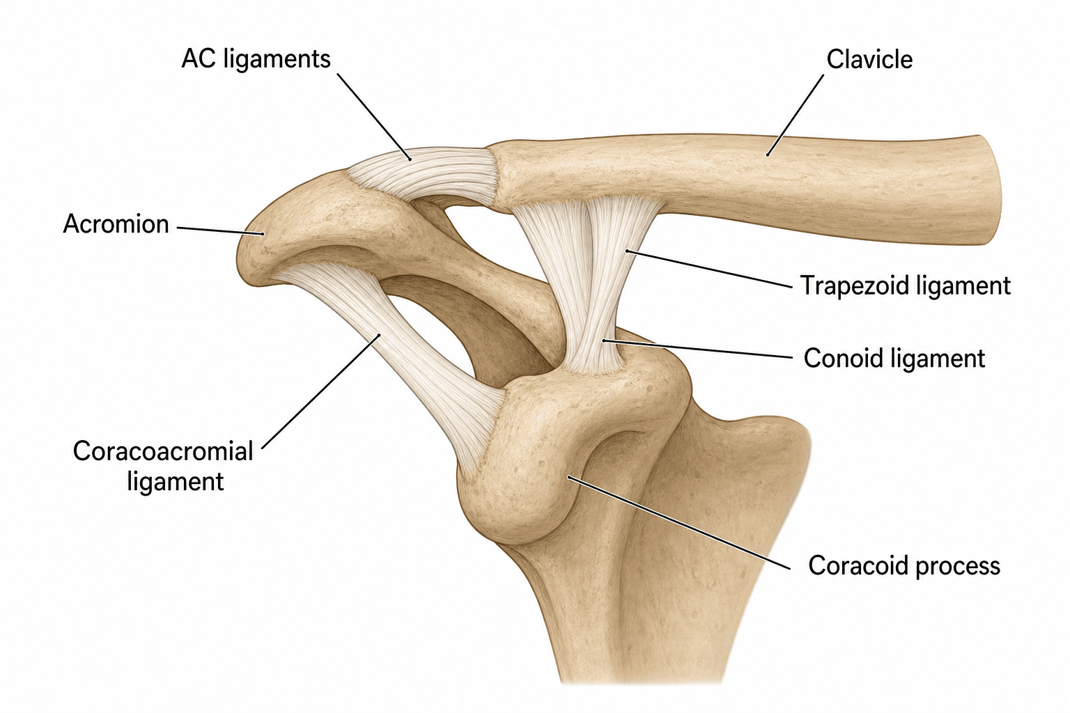 Anatomy of the acromioclavicular joint: clavicle, acromion, coracoid, AC ligaments, conoid and trapezoid coracoclavicular ligaments, coracoacromial ligament
