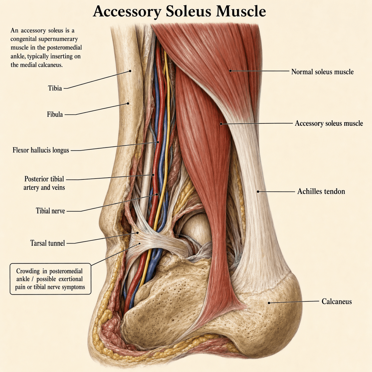 Posteromedial ankle cutaway showing the accessory soleus beside the Achilles tendon and tibial neurovascular bundle