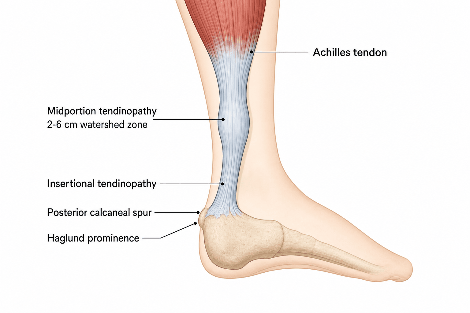Diagram of the Achilles tendon showing midportion tendinopathy in the 2-6 cm watershed zone and insertional tendinopathy with a posterior calcaneal spur and Haglund prominence.