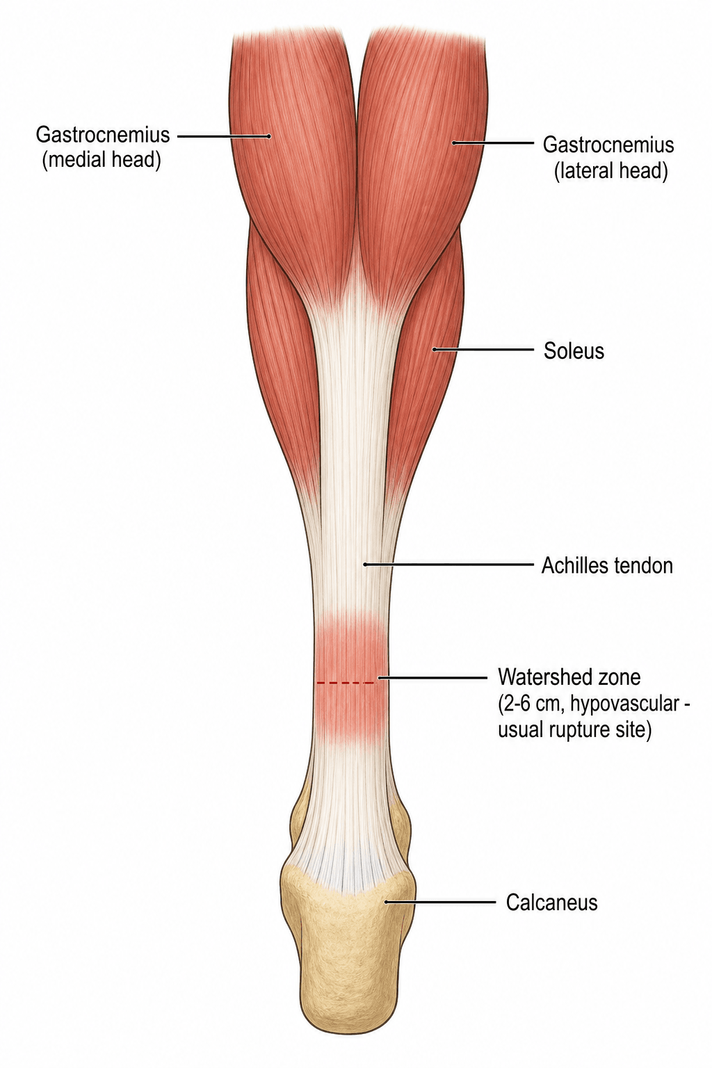 Posterior anatomy of the Achilles tendon: gastrocnemius and soleus merging into the tendon inserting on the calcaneus, with the hypovascular watershed zone marked