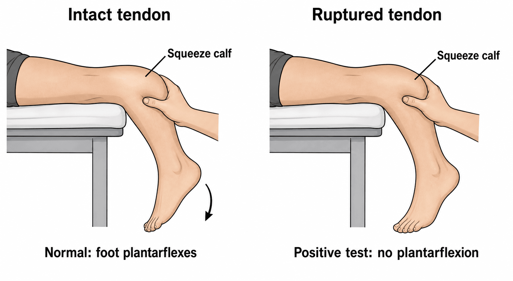 Thompson (Simmonds) calf-squeeze test for Achilles rupture: intact tendon plantarflexes the foot; ruptured tendon shows no plantarflexion