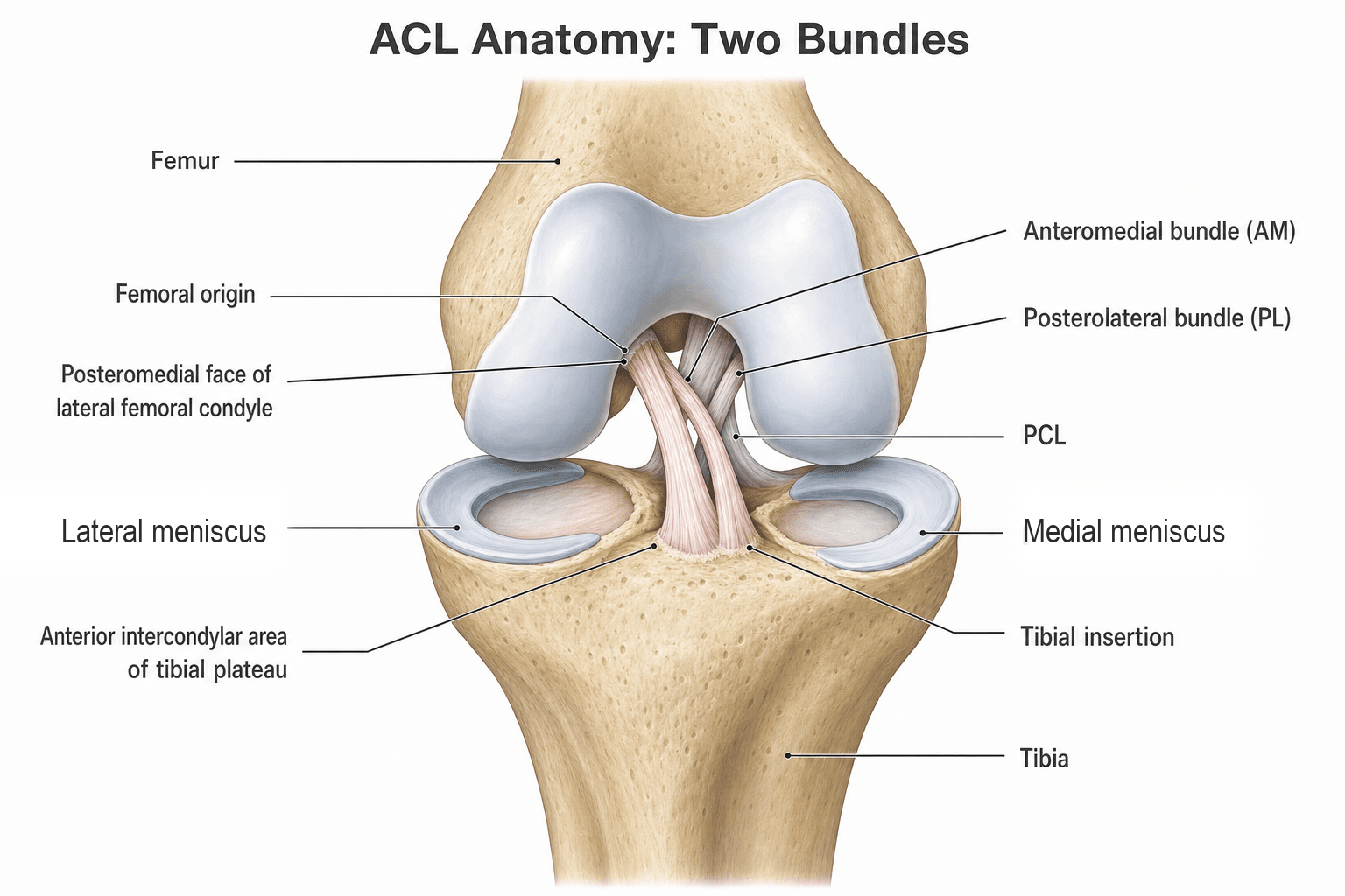 Anterior anatomical illustration of a right knee showing the ACL split into its anteromedial (AM) and posterolateral (PL) bundles, with the femoral origin on the lateral femoral condyle, the tibial insertion on the anterior intercondylar area, the PCL behind, and both menisci.