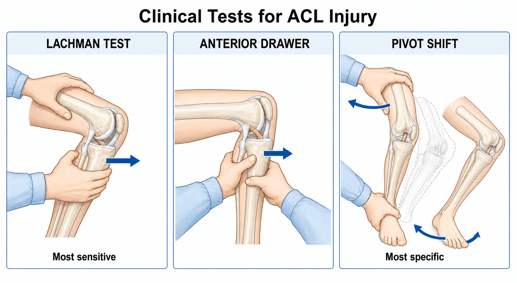 Three-panel illustration of the ACL examination tests: Lachman test (20-30 degrees flexion, anterior tibial translation, most sensitive), anterior drawer (90 degrees flexion), and pivot shift (subluxation and reduction with valgus and internal rotation, most specific).