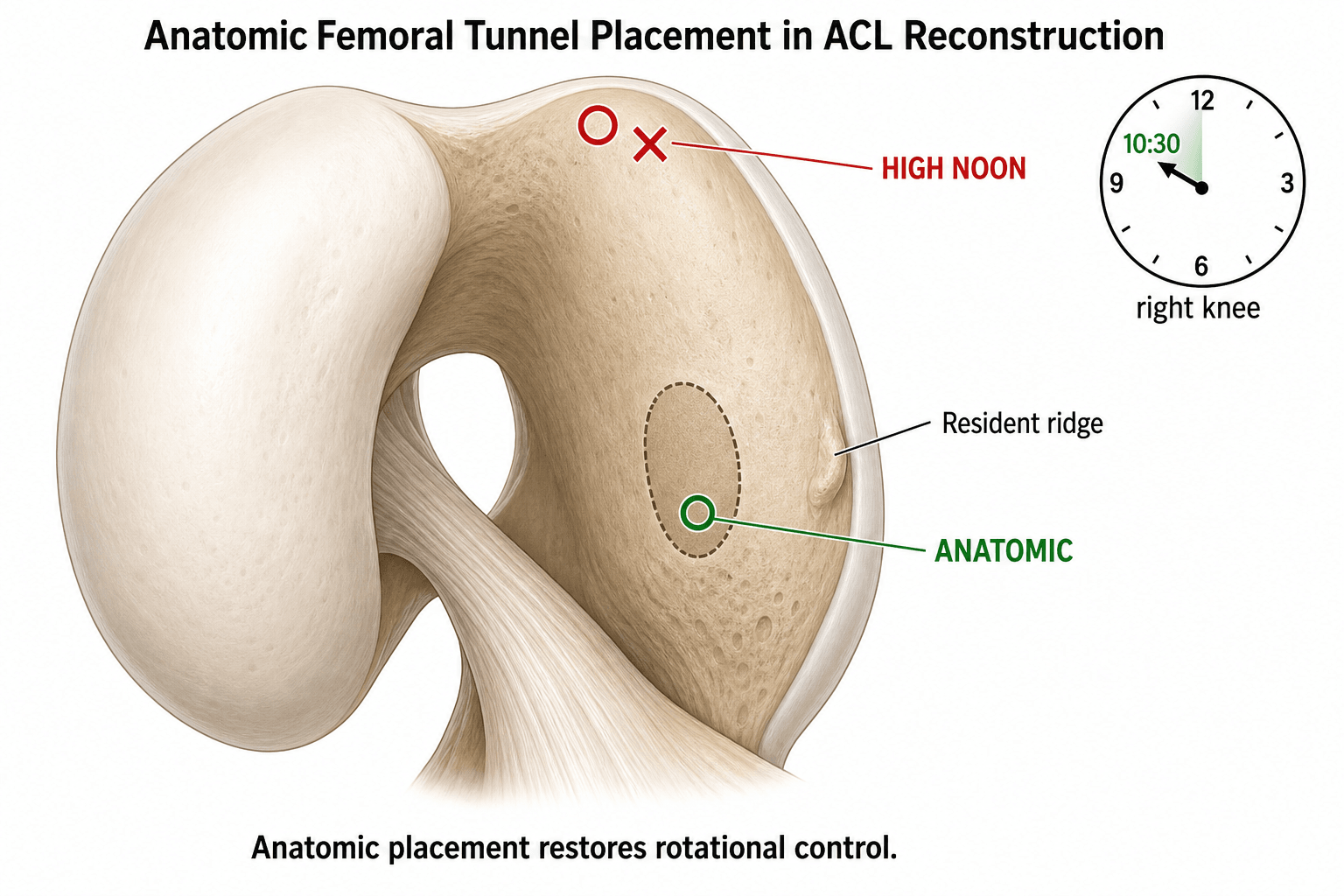 Illustration of the intercondylar notch wall showing the native ACL femoral footprint with an anatomic tunnel position (green) at the footprint centre versus a non-anatomic high-noon position (red) at the roof, the resident ridge, and a clock-face showing 10:30 for a right knee.
