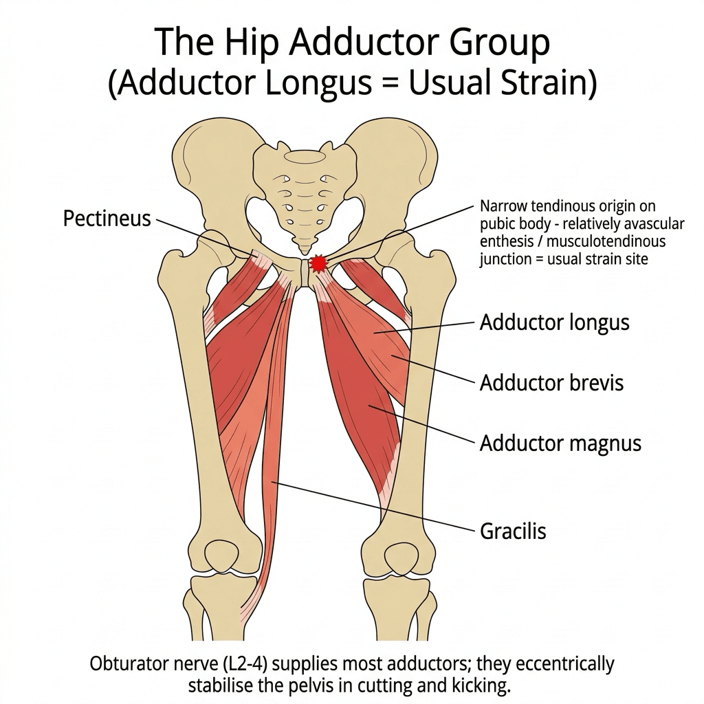 Anterior diagram of the hip adductor muscles - pectineus, adductor longus, brevis, magnus and gracilis - arising from the pubis, with the adductor longus origin marked as the usual strain site