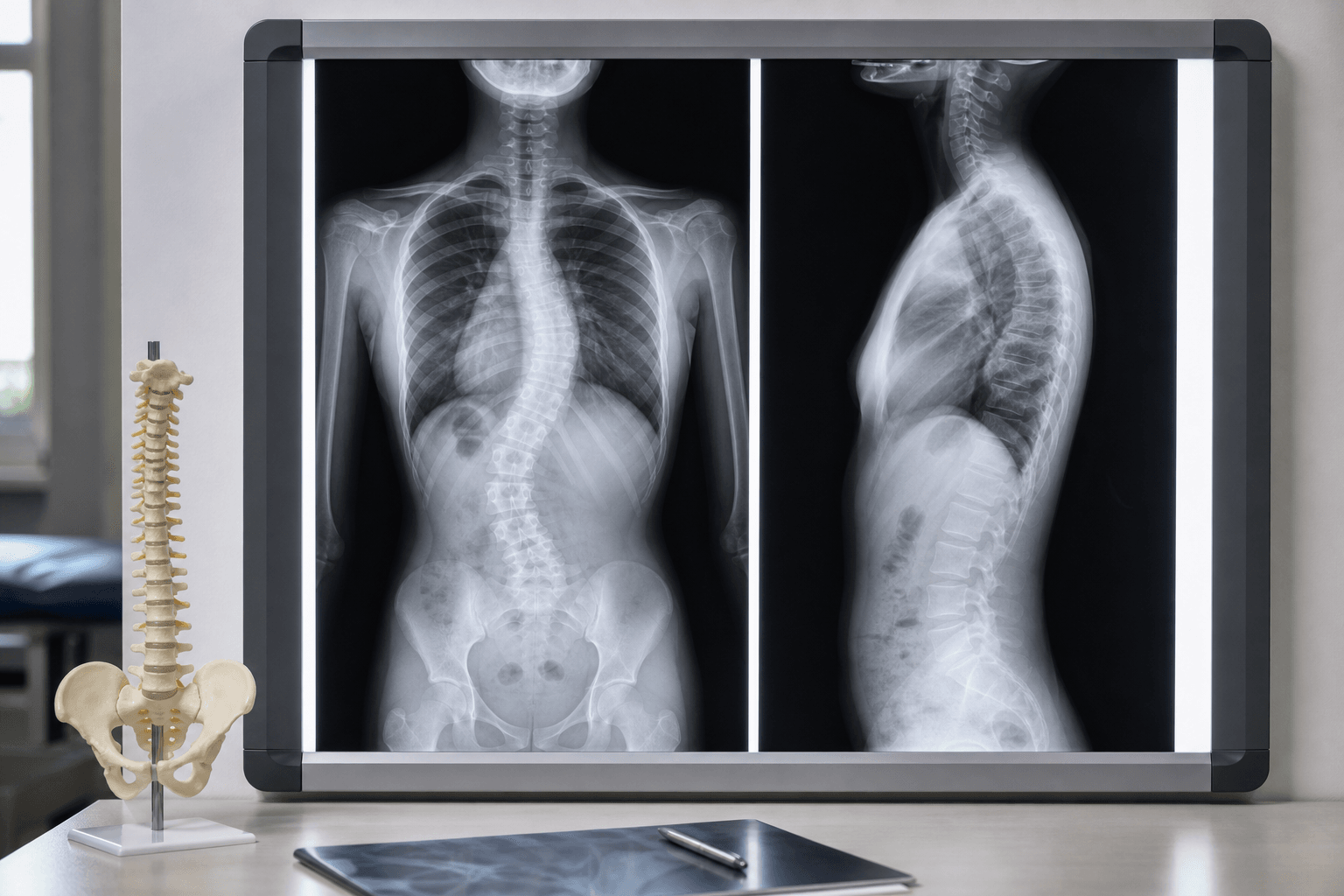 Clinic lightbox view of adolescent scoliosis PA and lateral radiographs