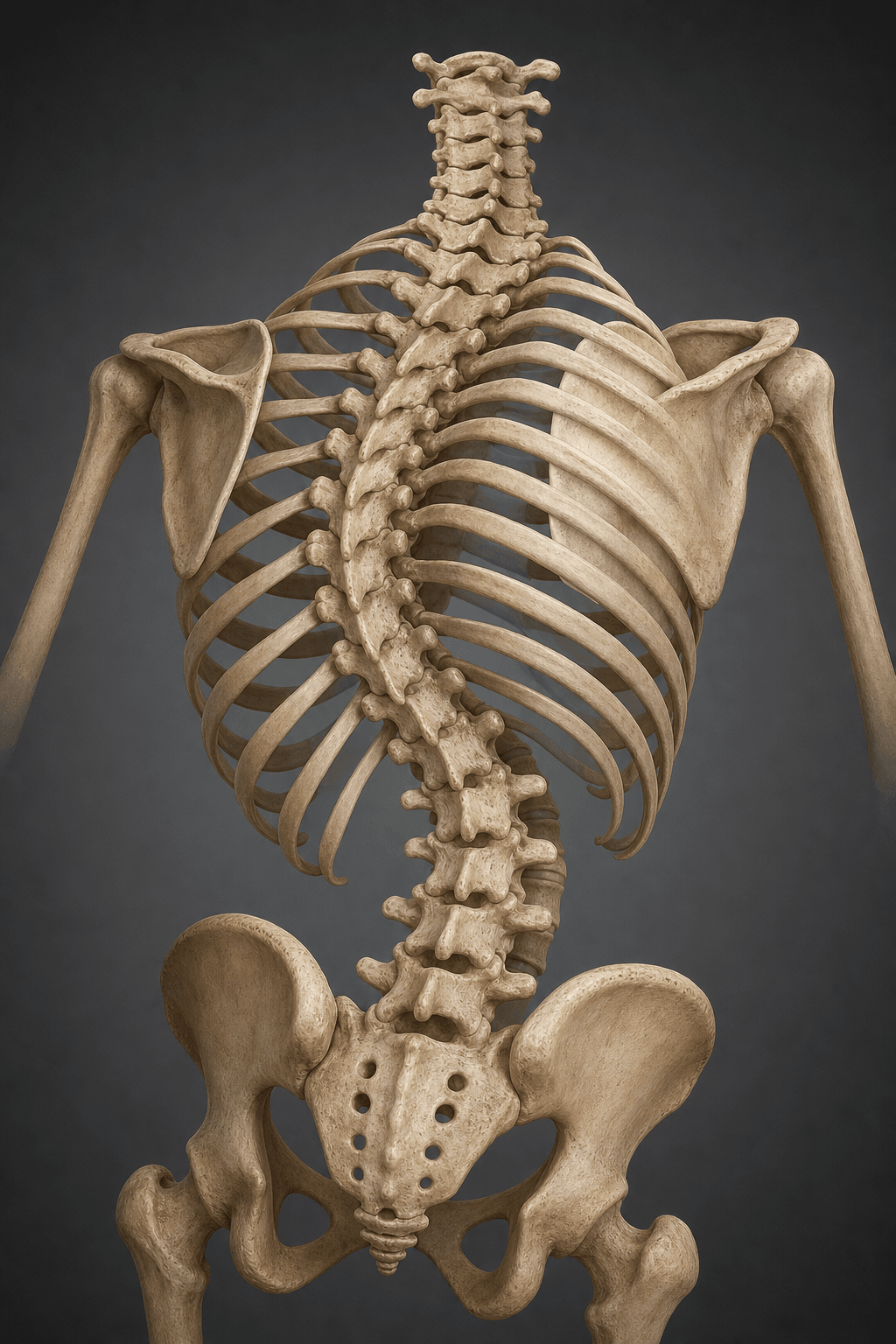 Three-dimensional anatomical illustration of thoracic scoliosis with rib cage rotation