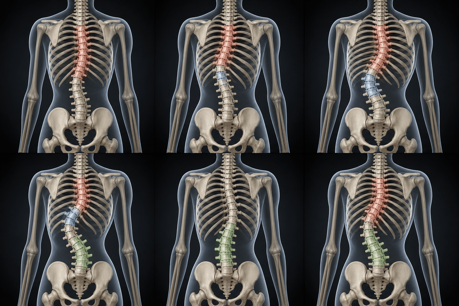 Six scoliosis curve-pattern silhouettes for Lenke classification teaching
