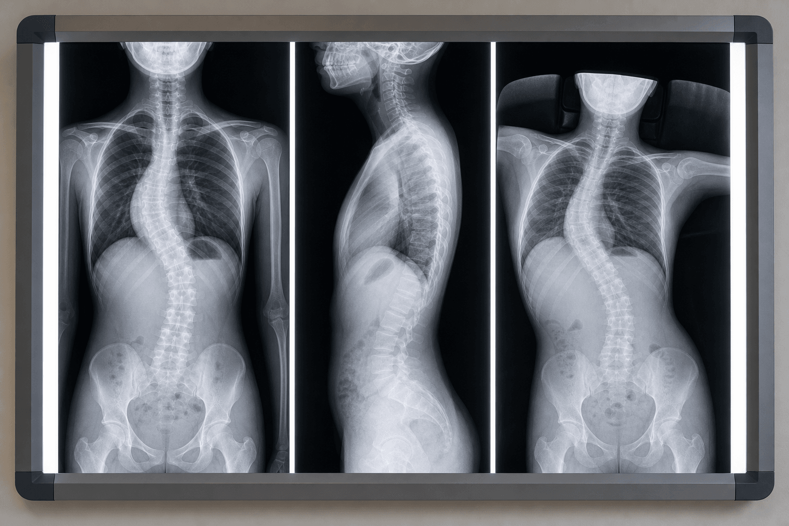 Standing PA, lateral, and bending scoliosis radiographs on a clinic lightbox