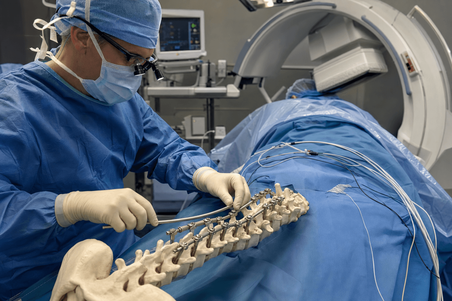 Posterior spinal fusion teaching scene with pedicle screw and rod construct