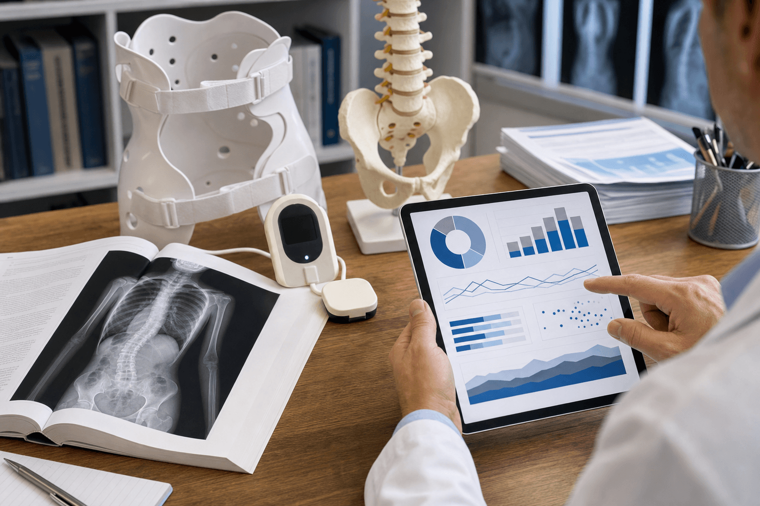 AIS evidence review desk with radiograph, brace monitor, spine model, and abstract charts