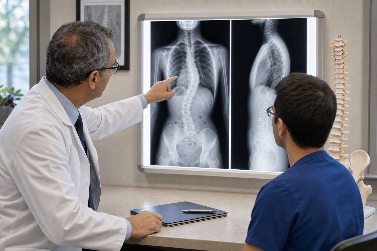 Orthopaedic teaching station reviewing scoliosis radiographs and spine model