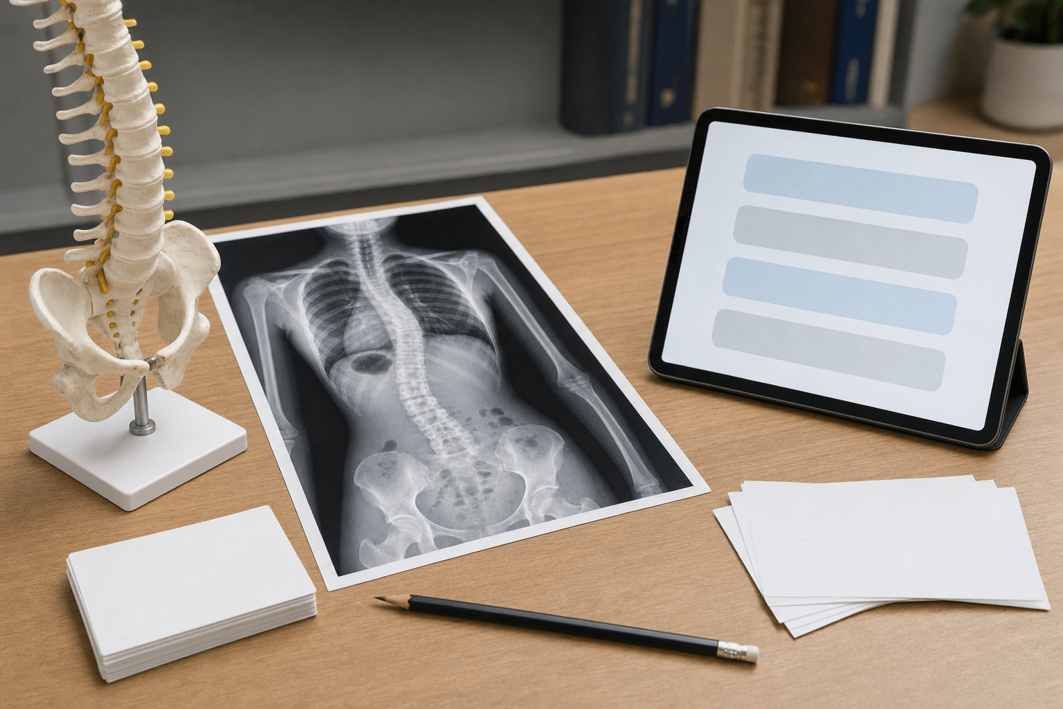 AIS study desk with scoliosis radiograph, spine model, and blank practice cards
