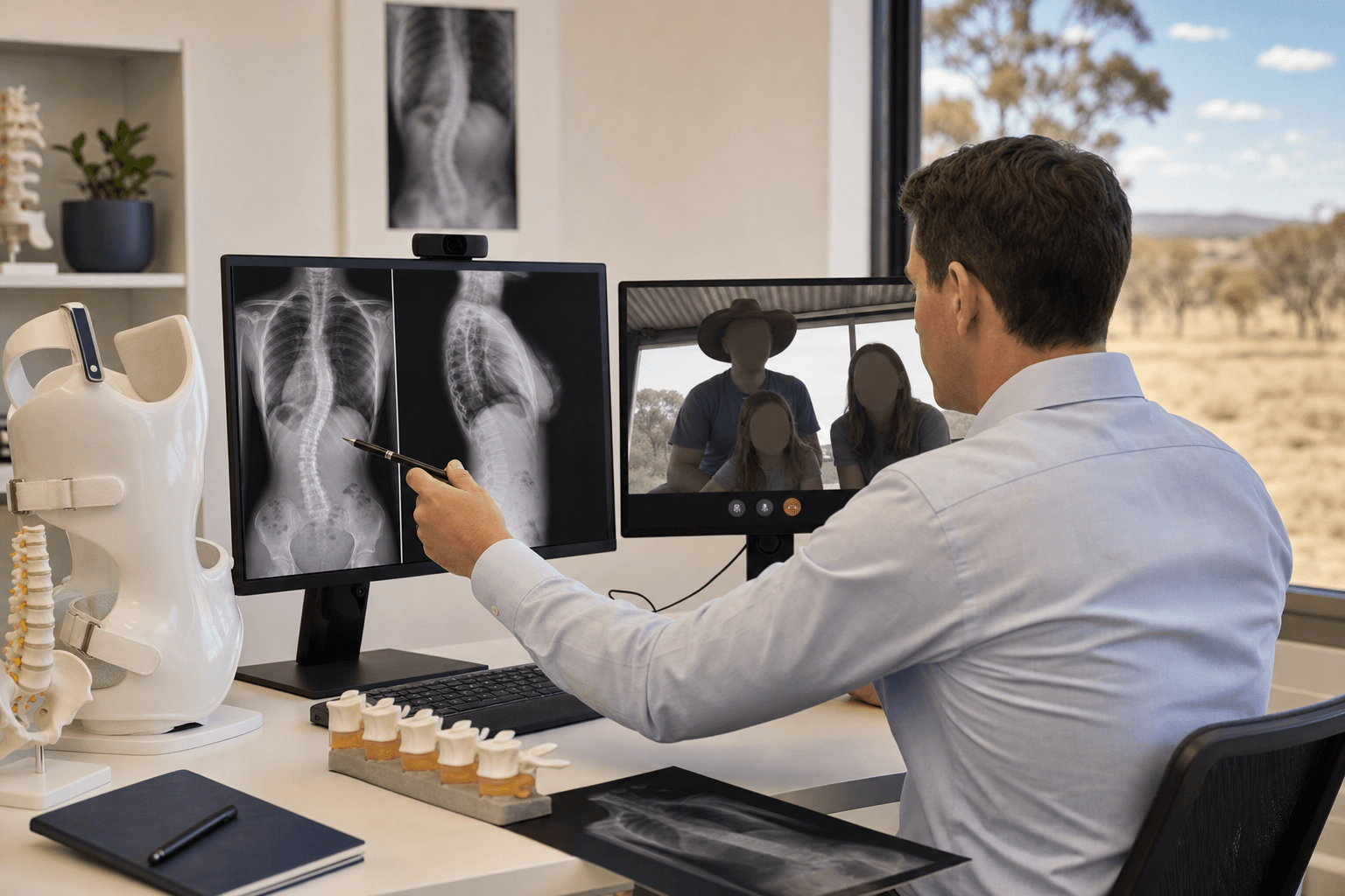 Paediatric spine clinic reviewing adolescent scoliosis imaging during follow-up
