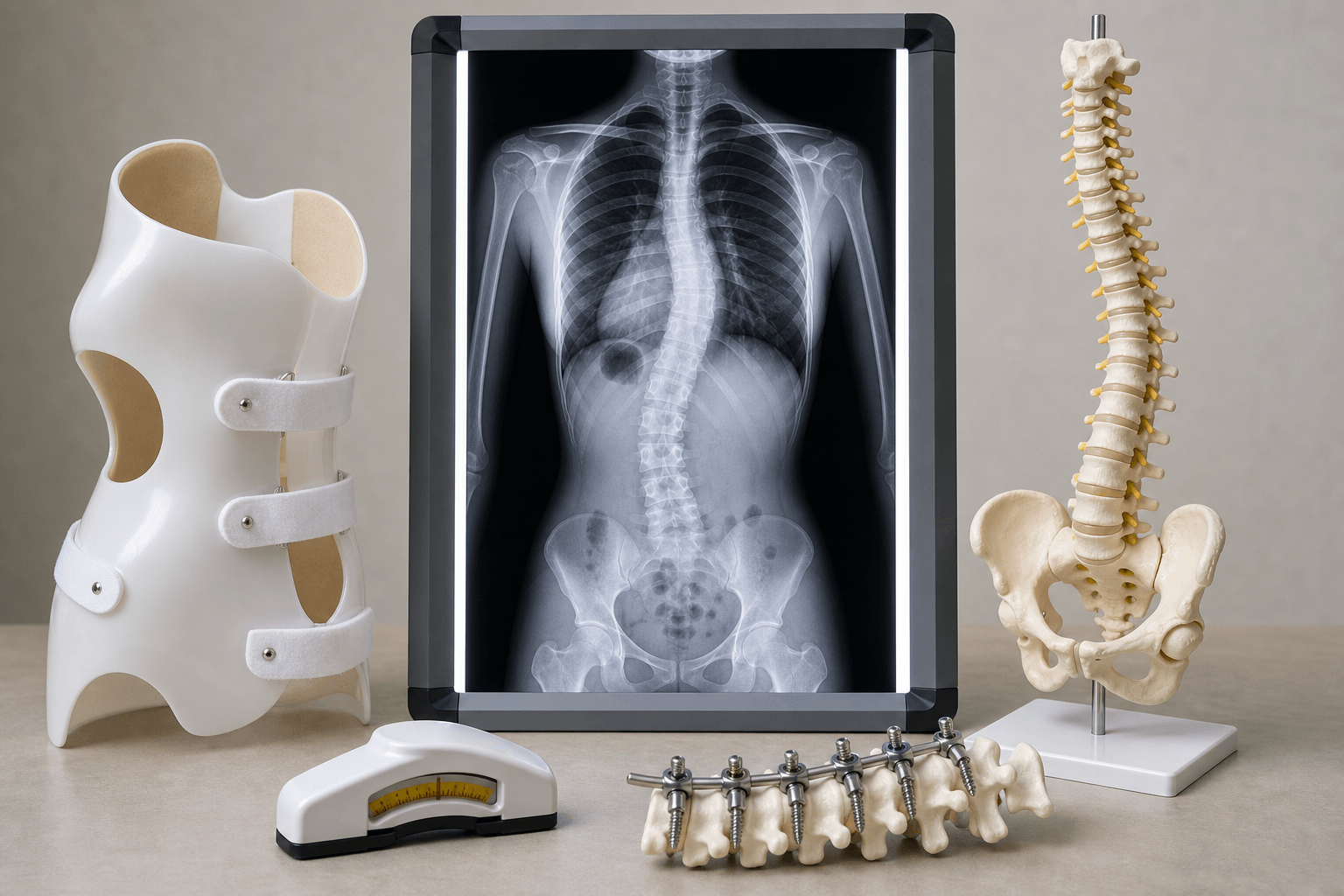 AIS cheat-sheet visual with radiograph, TLSO brace, scoliometer, spine model, and instrumentation sample