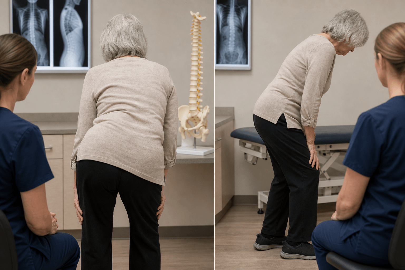 Older adult with forward trunk lean in spine clinic