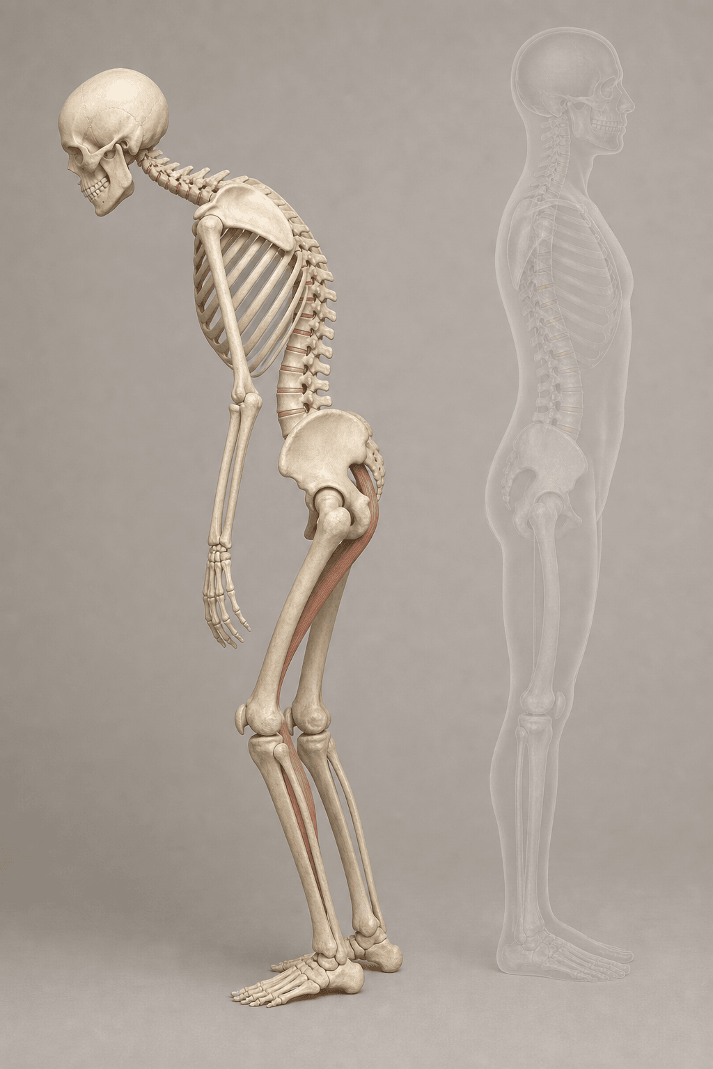 Sagittal imbalance skeletal model showing loss of lumbar lordosis and lower-limb compensation