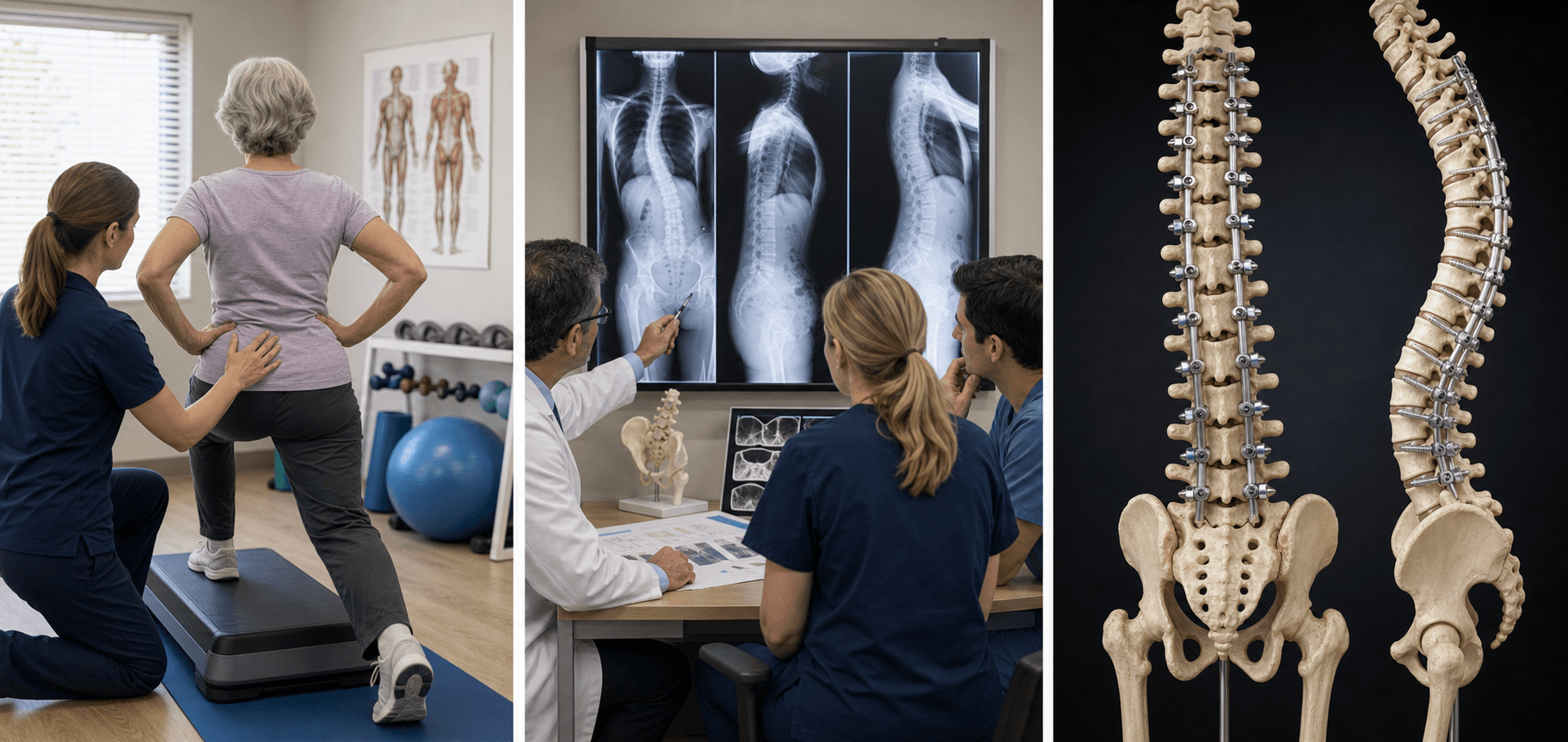 Adult spinal deformity management pathway showing non-operative care and surgical planning