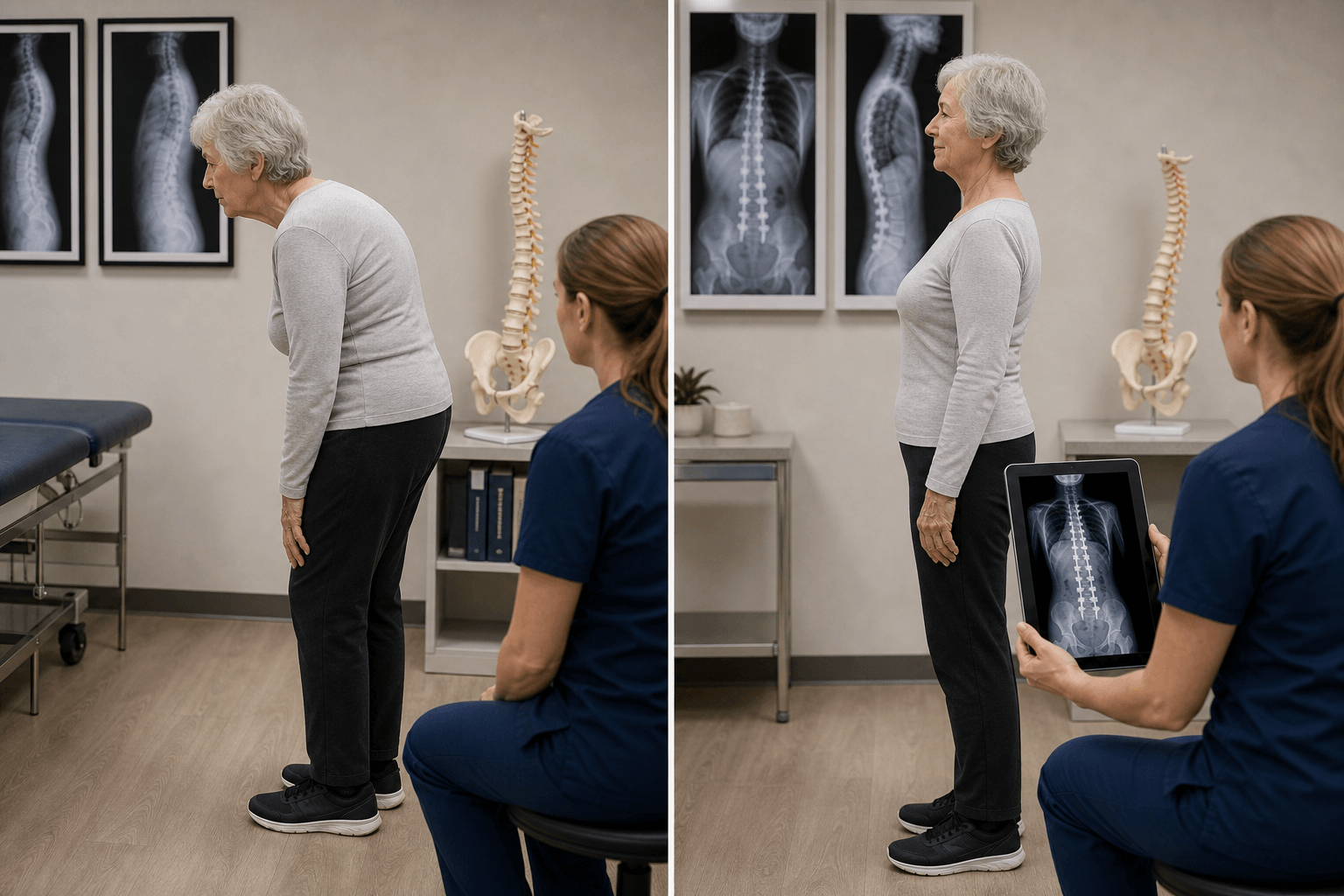 Adult spinal deformity posture before and after correction with follow-up radiograph