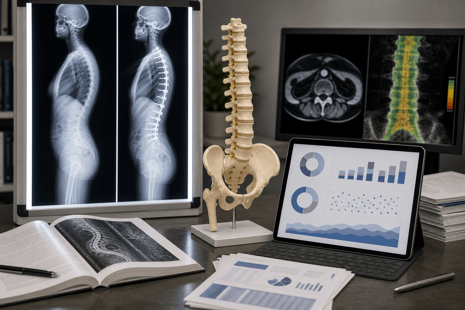 Adult spinal deformity evidence review desk with radiograph, bone-density image, and abstract charts