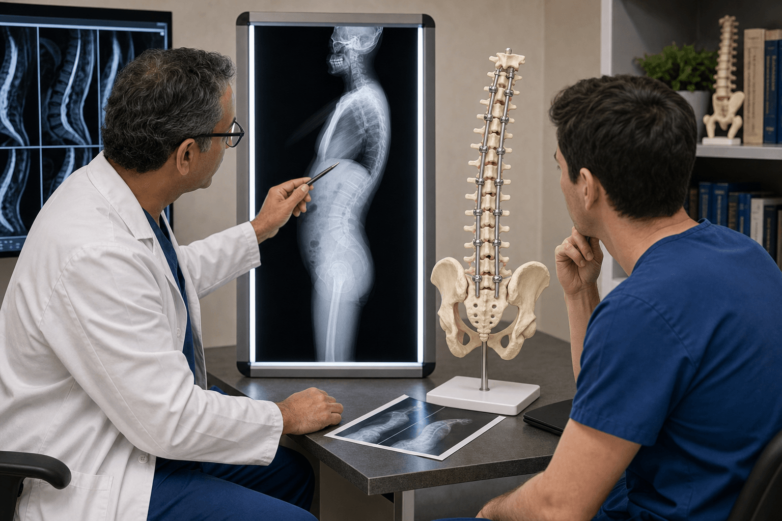 Adult spinal deformity teaching station with full-length lateral radiograph and spine-pelvis model