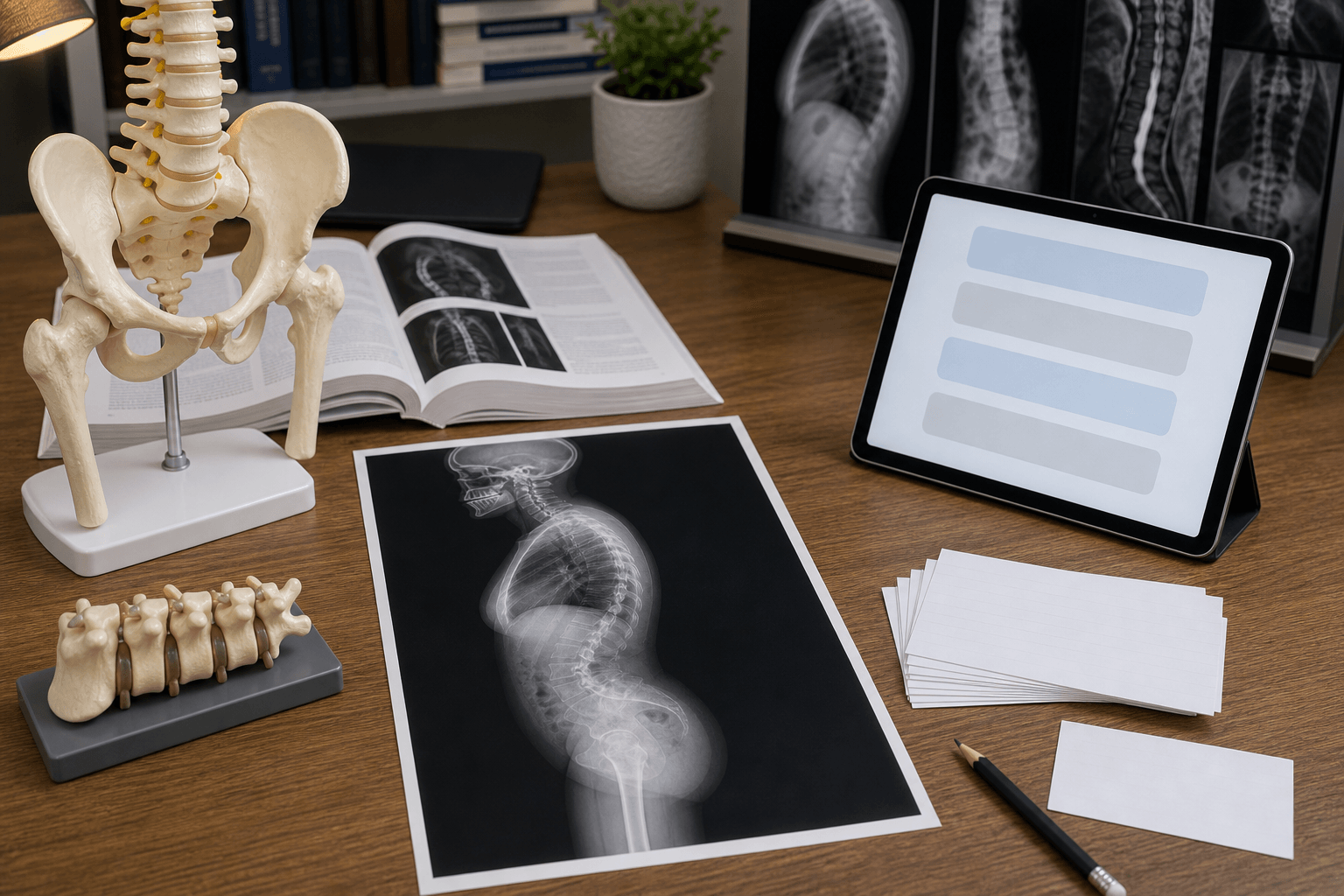 Adult spinal deformity study desk with lateral spine radiograph, model, and blank practice cards