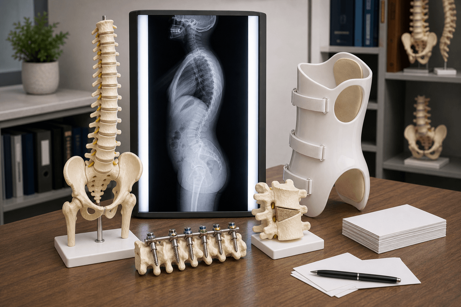 Adult spinal deformity cheat-sheet objects including radiograph, spine-pelvis model, instrumentation, and brace