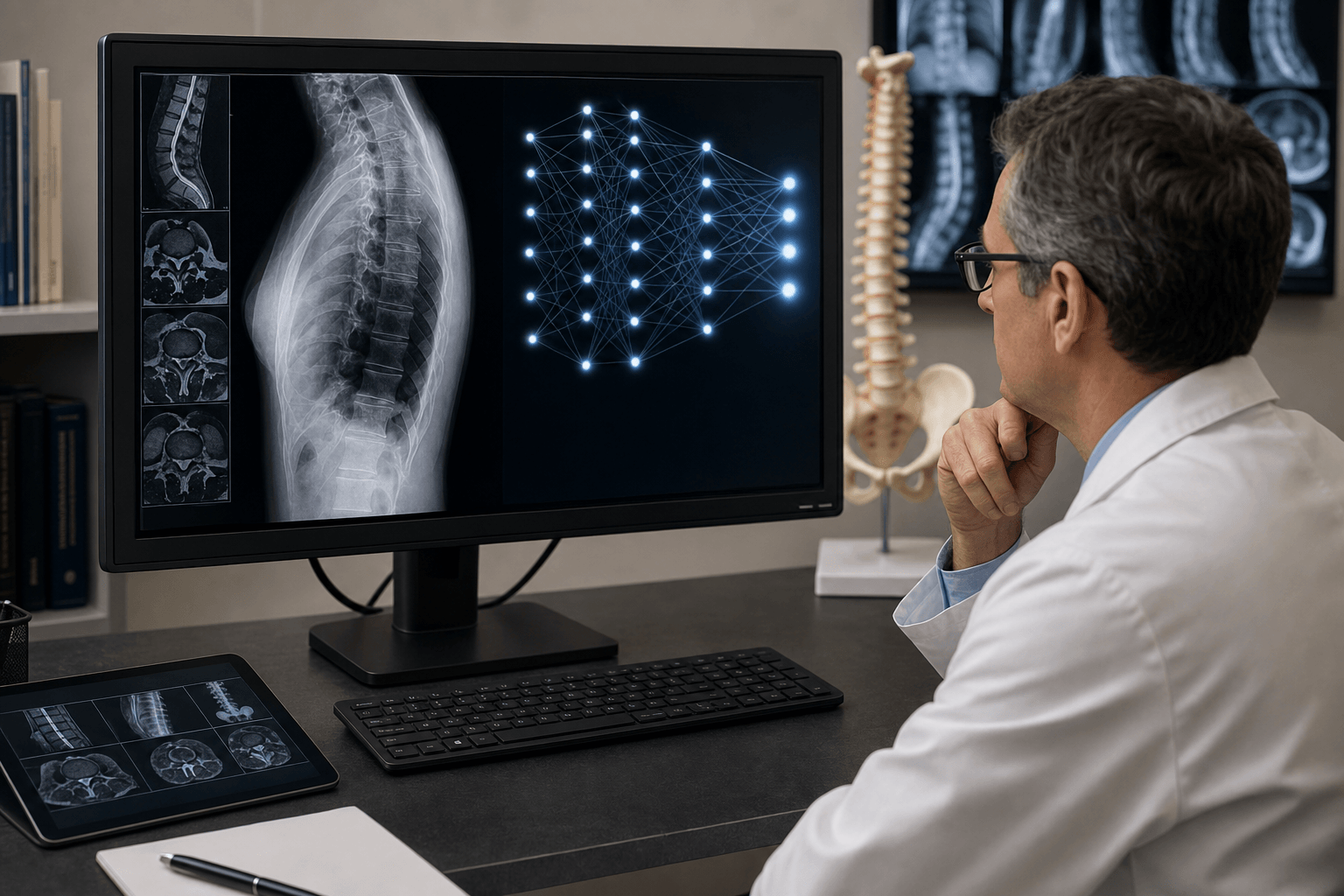Orthopaedic radiology workstation with neural network style decision support beside an MSK radiograph