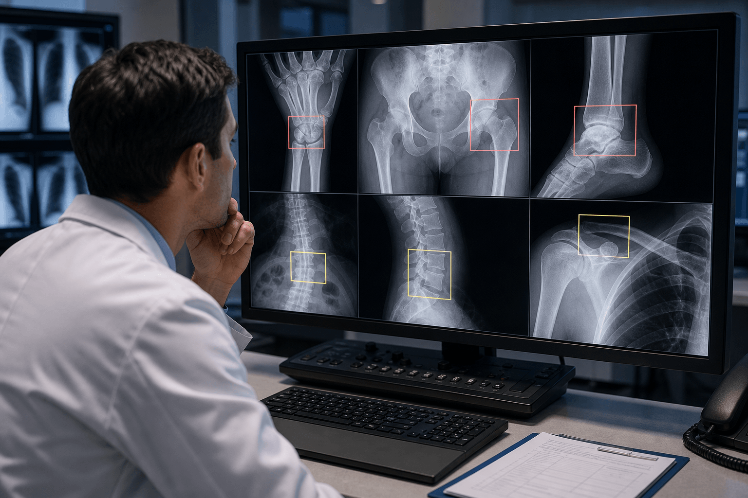 Emergency MSK radiograph workstation showing fracture-detection highlight boxes across multiple regions