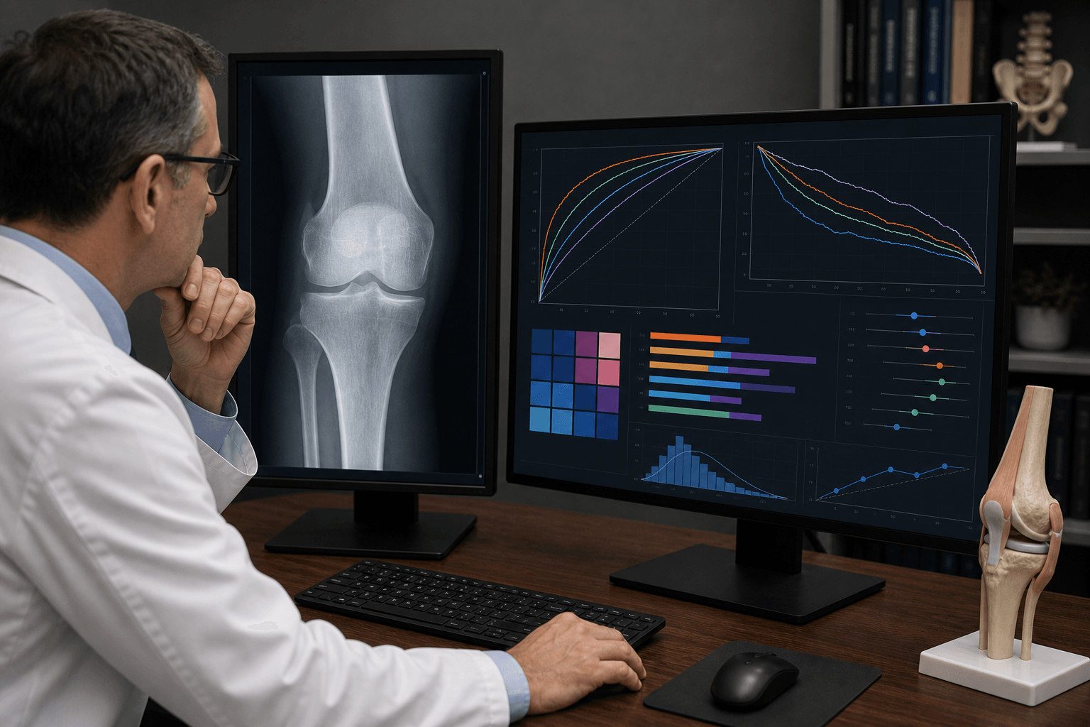MSK radiograph workstation with abstract curves, bars, and performance grid