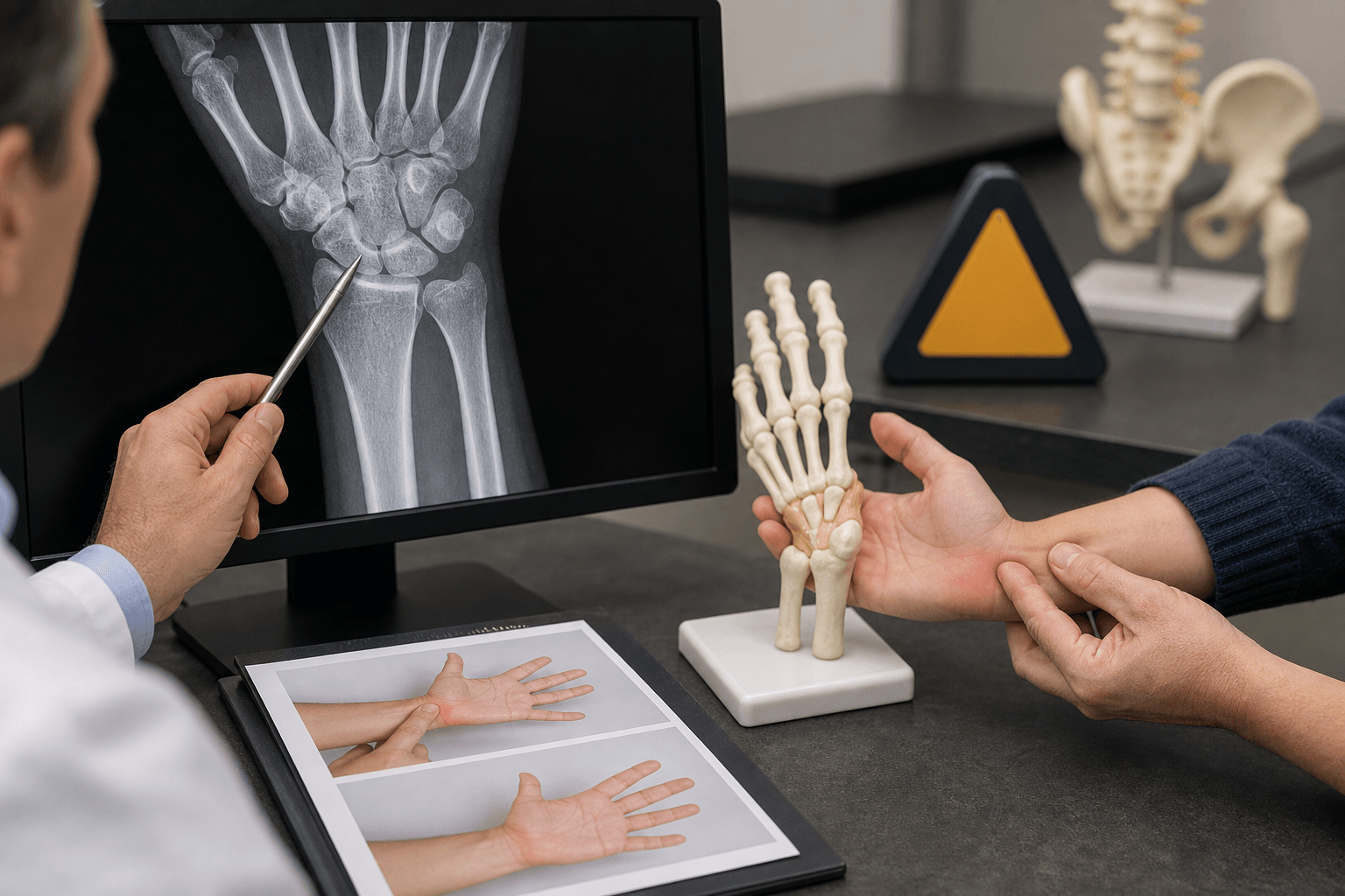 Clinician correlating wrist symptoms with radiograph and AI warning symbol