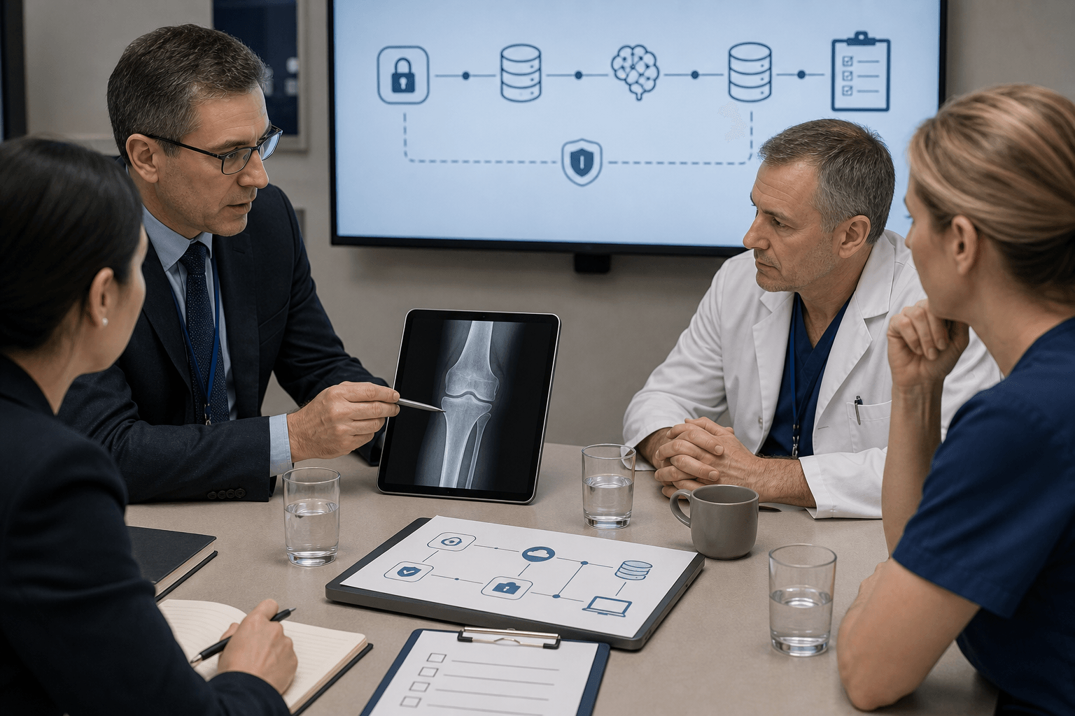 Healthcare governance meeting reviewing orthopaedic AI radiology validation workflow
