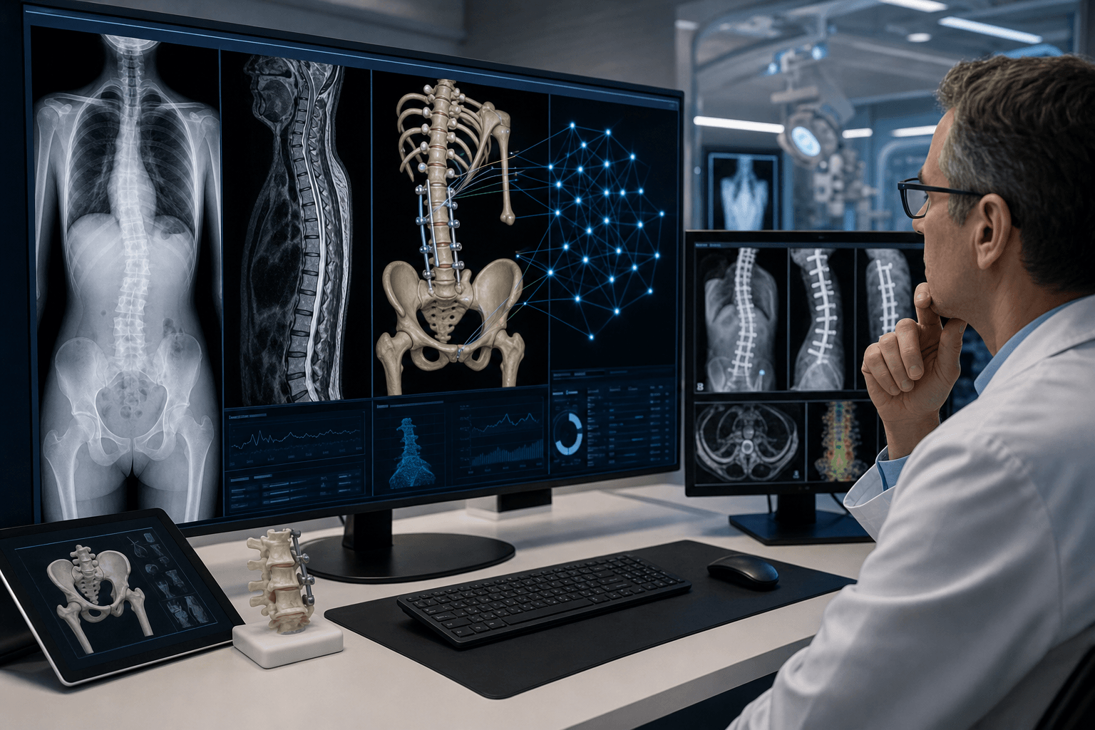 Multimodal orthopaedic imaging workstation with radiograph, MRI, 3D bone model, and AI overlay