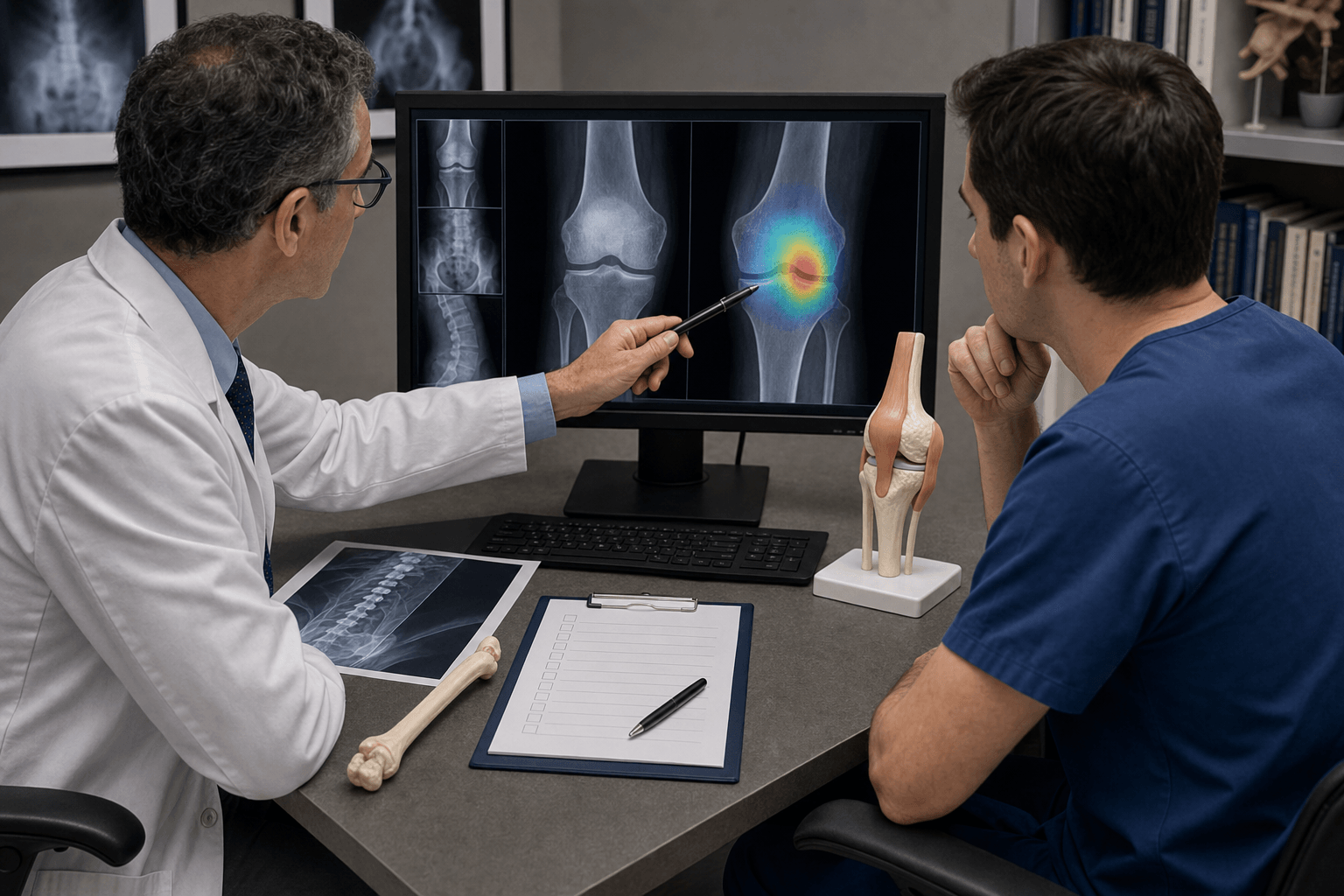 Consultant and trainee reviewing MSK radiograph with AI heatmap overlay