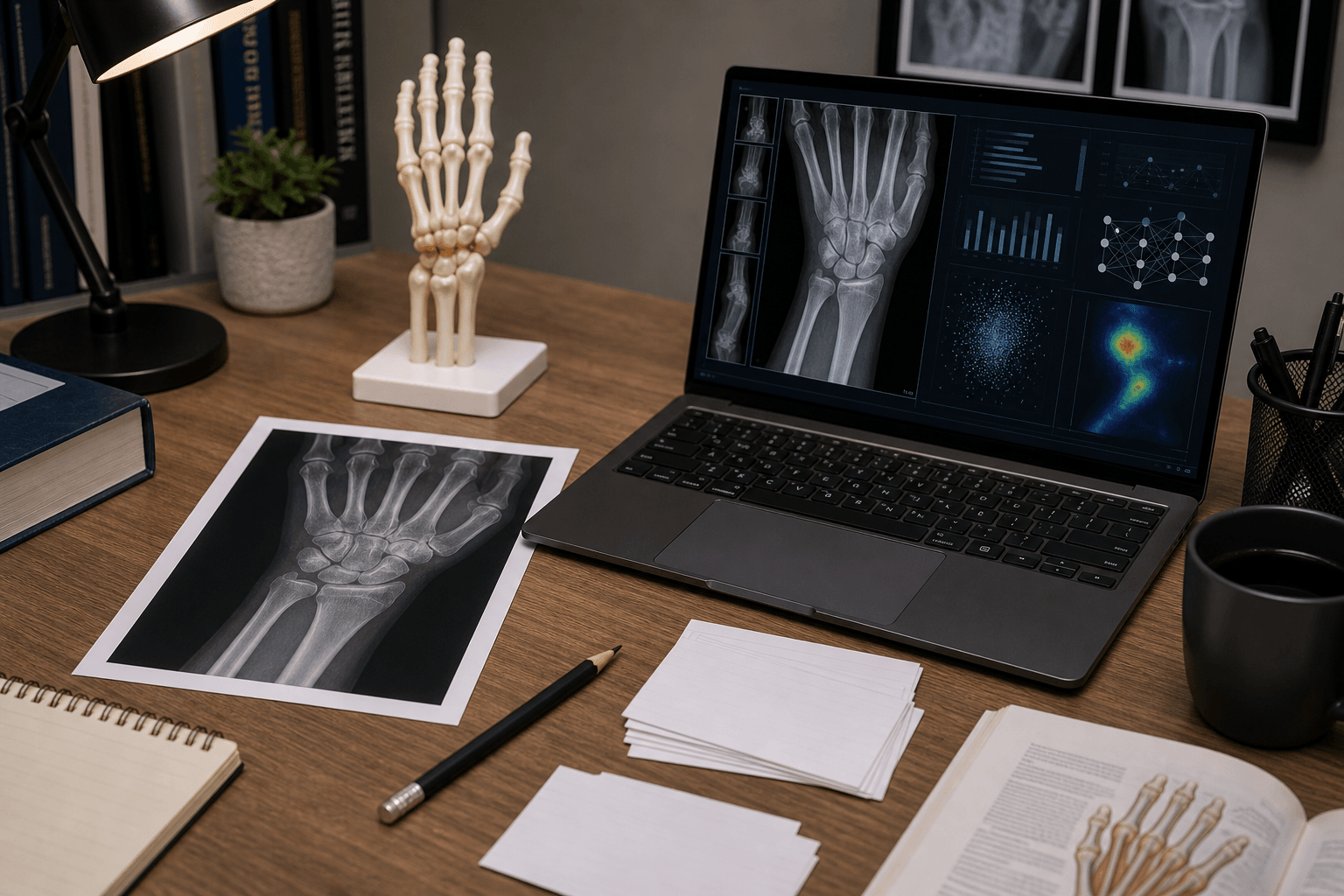 Orthopaedic AI radiology study desk with wrist radiograph, blank cards, and bone model