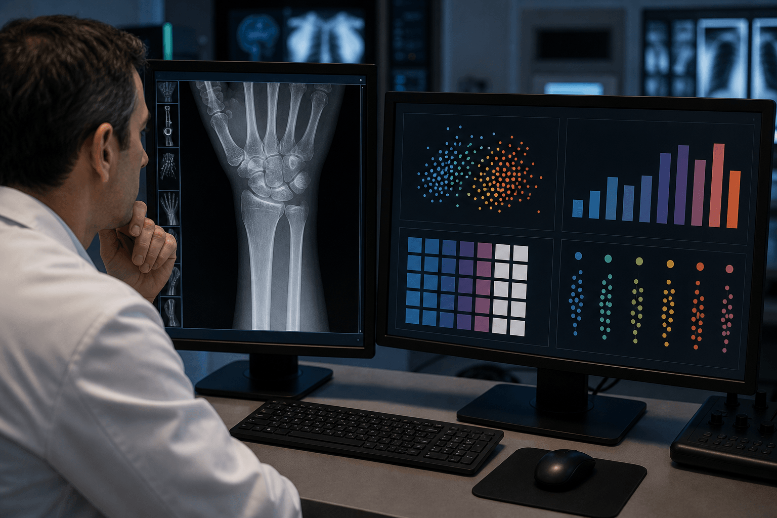 Radiology workstation with wrist radiograph and abstract AI performance dashboard