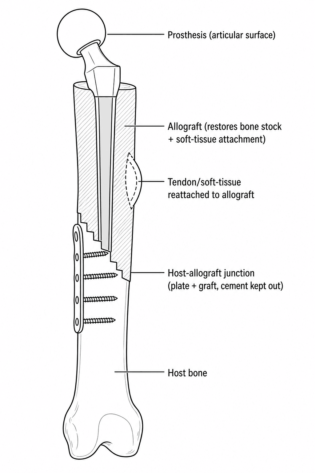 Labelled diagram of an allograft-prosthetic composite construct: prosthesis, allograft segment with tendon reattachment, host-allograft junction plate, and host bone